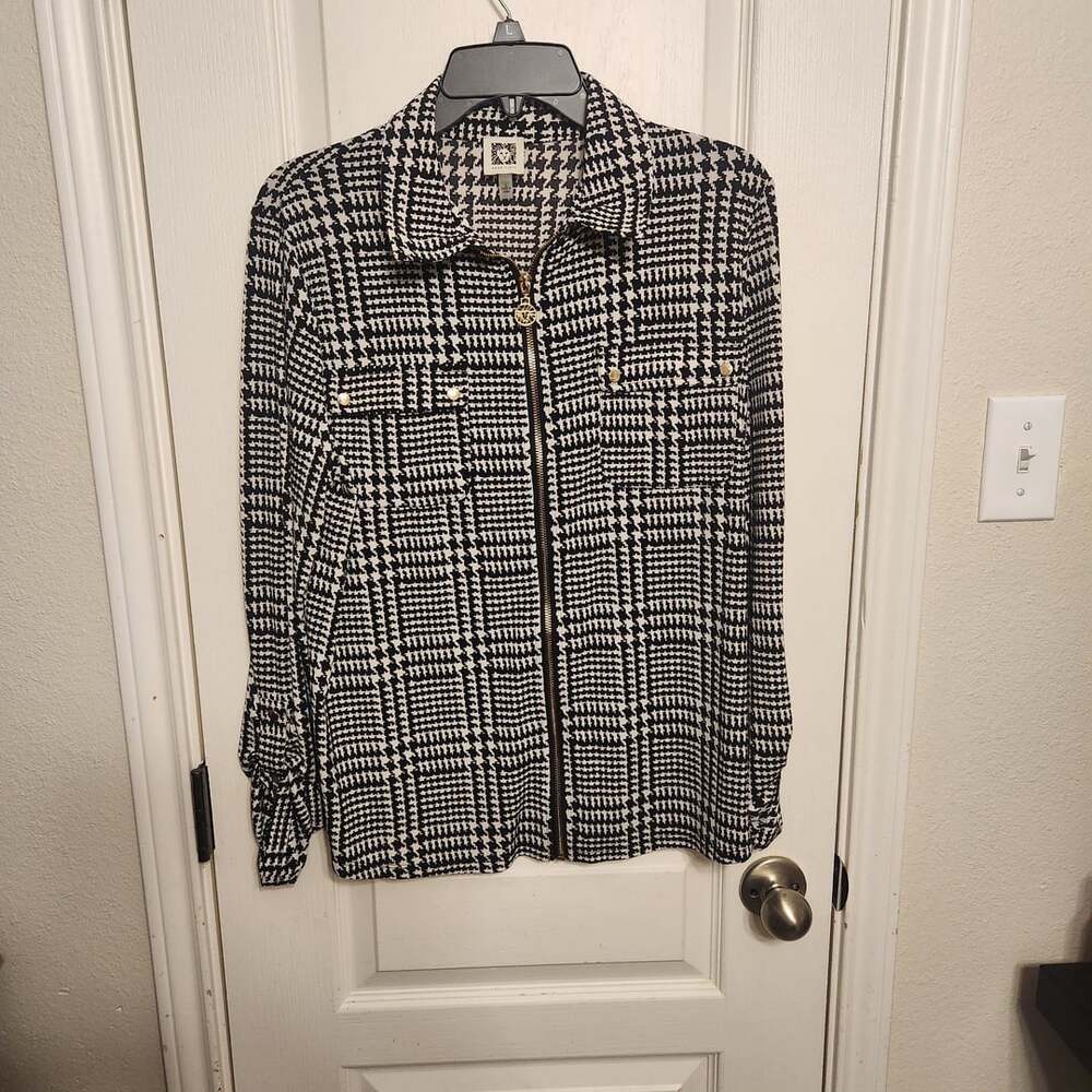 Anne Klein Houndstooth Zip Blouse L
